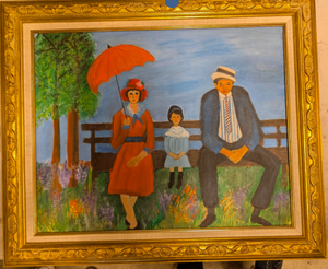 Folk Art Style Acrylic on Canvas Painting of Family on Park Bench with Gilt Frame (16 x 20 in)