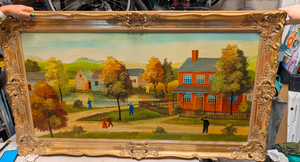 Simon Zoto “Pastoral Village Landscape” American Primitive Folk Art Oil on Canvas with Ornate Gilt Frame 24x48