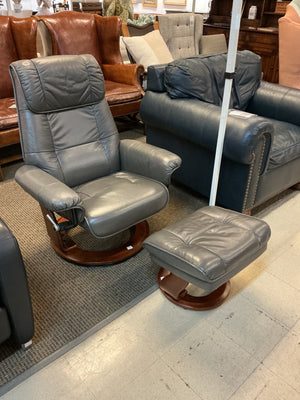 Benchmaster Gray Leather Recliner and Ottoman