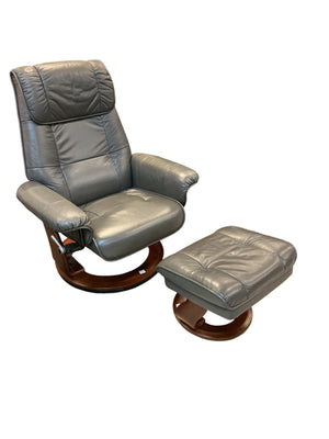 Benchmaster Gray Leather Recliner and Ottoman