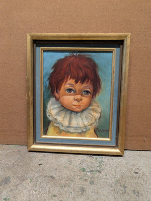 “Harlequin Child Portrait” Signed “Persona” Mid-Century Oil Painting on Board with Gilded Wood Frame 16x12