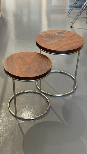 Custom solid walnut end table set on chromed legs