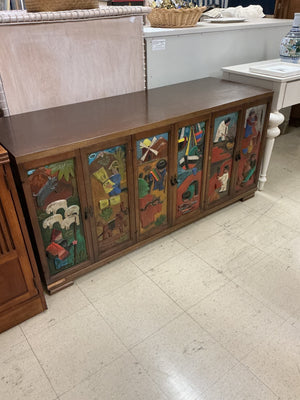 Hand-Carved & Painted Latin American Folk Art 6-Door Sideboard Cabinet 20x59x28