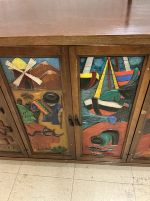 Hand-Carved & Painted Latin American Folk Art 6-Door Sideboard Cabinet 20x59x28