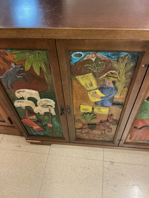 Hand-Carved & Painted Latin American Folk Art 6-Door Sideboard Cabinet 20x59x28