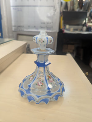 Vintage Blue & White Floral Hand Painted Perfume Bottle With Lid 5”