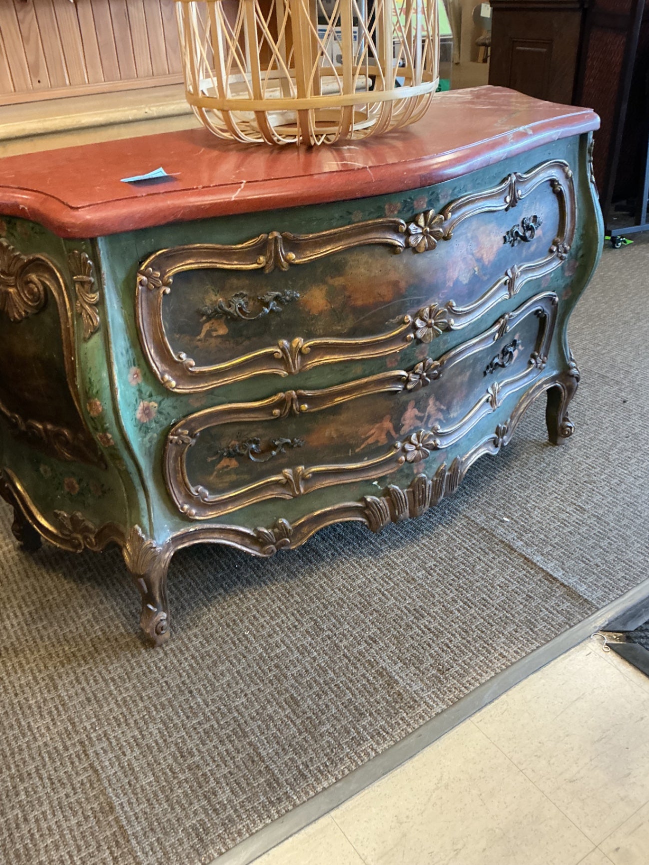 PIC * ((Double Entries?))Distressed Venetian Hand-Painted Bombe Chest with Marble Top - 60" x 25" x 35"