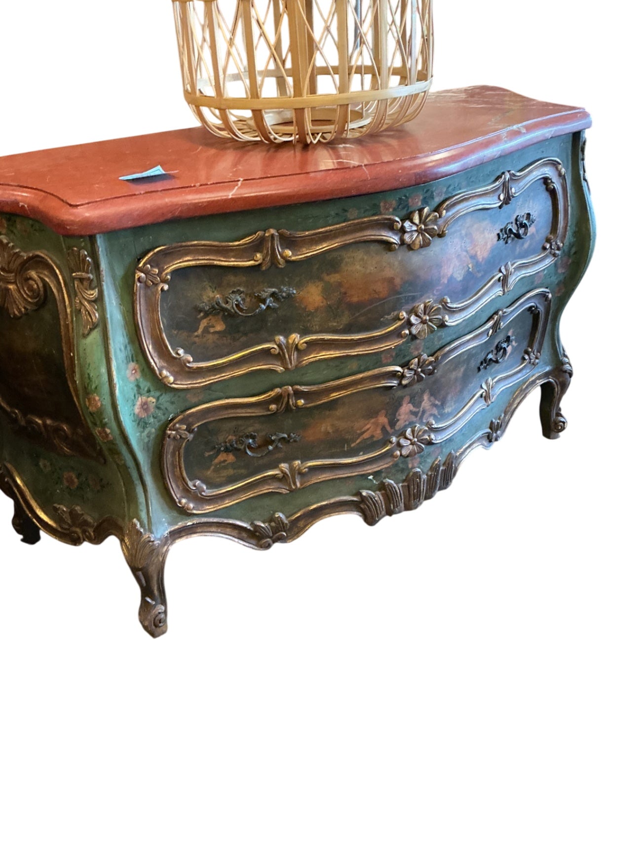 Distressed Venetian Hand-Painted Bombe Chest with Marble Top - 60" x 25" x 35"