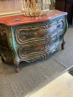 Distressed Venetian Hand-Painted Bombe Chest with Marble Top - 60" x 25" x 35"