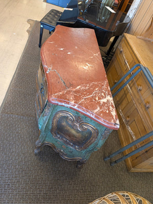Distressed Venetian Hand-Painted Bombe Chest with Marble Top - 60" x 25" x 35"