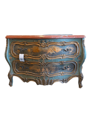 Distressed Venetian Hand-Painted Bombe Chest with Marble Top - 60" x 25" x 35"