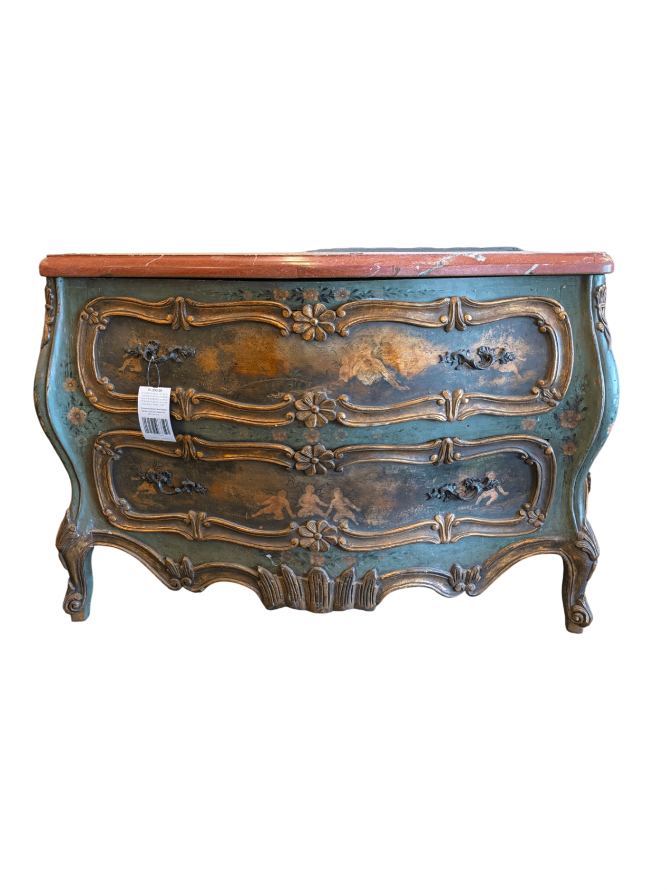 ((Double Entries?)) Distressed Venetian Hand-Painted Bombe Chest with Marble Top - 60" x 25" x 35"