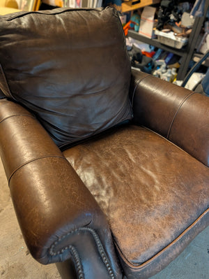 Bernhardt Brown Leather Recliner Chair with Padded Arms and Tall Cushioned Back