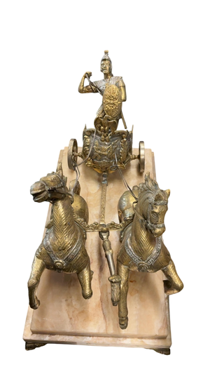 Vintage Brass Roman Chariot Sculpture on Marble Base, 10” x 13”