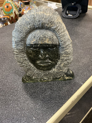 Signed Pishuktie Hand-Carved Inuit-Style Soapstone Portrait Bust Sculpture with Circular Parka Hood