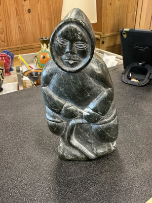 Inuit Soapstone Carving “Hunter with Catch” (Moses) – Standing Hunter with Fish/Seal9 in tall 4 in wide and 3.5 deep 