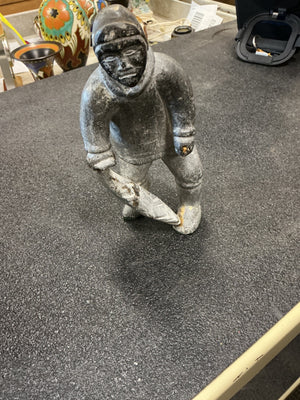 Inuit Soapstone Carving “Hunter with Catch” (Moses) – Standing Hunter with Fish/Seal9 in tall 4 in wide and 3.5 deep 