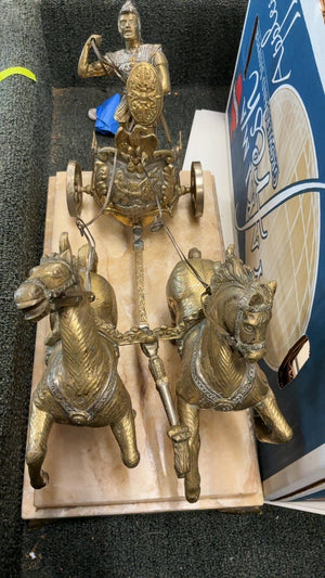 Vintage Brass Roman Chariot Sculpture on Marble Base, 10” x 13”