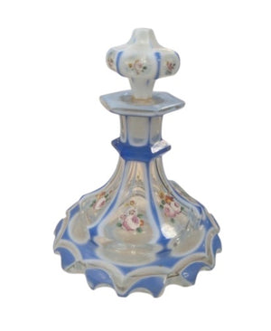Vintage Blue & White Floral Hand Painted Perfume Bottle With Lid 5”