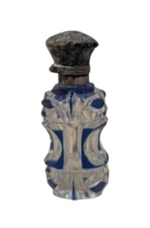 Antique Bohemian Glass Blue & Clear Perfume Bottle 19th Century w/ Silver Top 3”