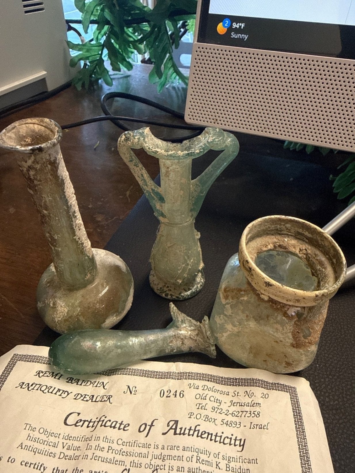 Group of 4 Ancient-Style Glass Cosmetic/ Unguent Vessels with Certificate