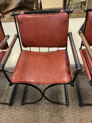 Mid-Century Continental Metal Furniture Iron, Wood & Leather Dining Set with Round Table & 3 Armchairs