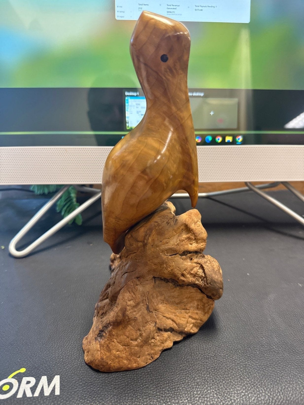 John Bennett Signed Carved Wood Pelican Wildlife Sculpture on Burl/Driftwood-Style Base