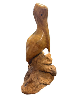 John Bennett Signed Carved Wood Pelican Wildlife Sculpture on Burl/Driftwood-Style Base