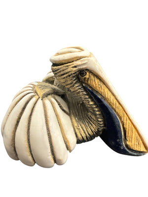 Small Signed Glazed Ceramic Pelican Figurine with Blue Accent (3 in)