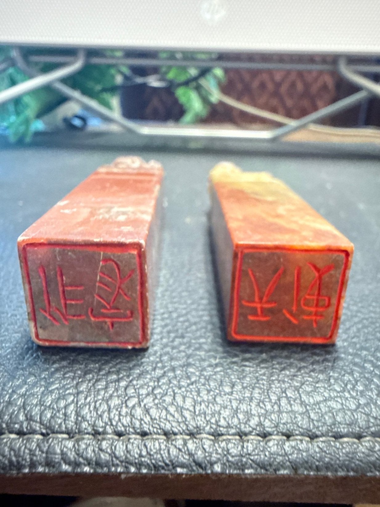 Pair Carved Chinese-Style Stone Seal Stamps with Figural Finials, 3"—Deep Red-Brown & Cream-to-Rust Mottled
