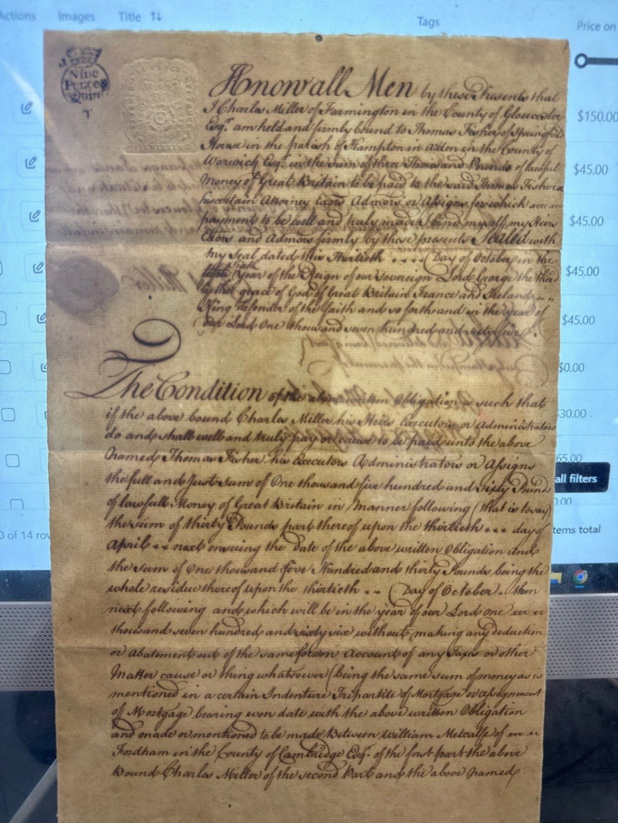 1766 George III British Mortgage Bond Manuscript Signed “Chas. Miller” with Revenue Stamp & Red Wax Seal