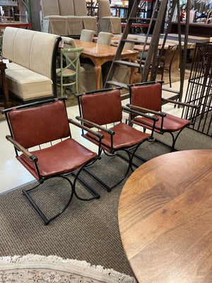 Mid-Century Continental Metal Furniture Iron, Wood & Leather Dining Set with Round Table & 3 Armchairs