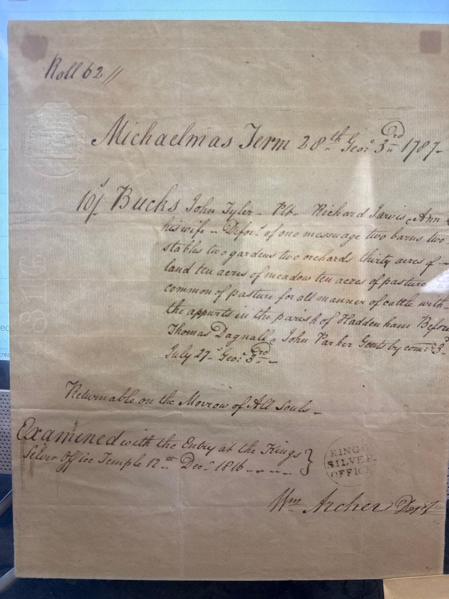 18th-Century Georgian British Manuscript Legal Document, Michaelmas Term 1787 (George III) Haddenham Property Record with “Two Shillings” Revenue Stamp