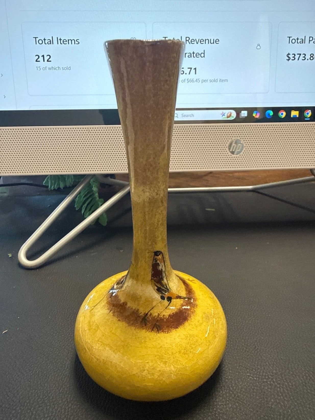 Polia Pillin Signed Yellow Bird Mid-Century California Studio Pottery Vase (7 in.)