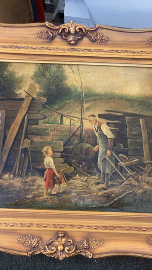 Vintage European Rustic Farmyard Scene Oil Painting of Children, Wagon Wheels & Chickens—Signed (27 x 23 in)
