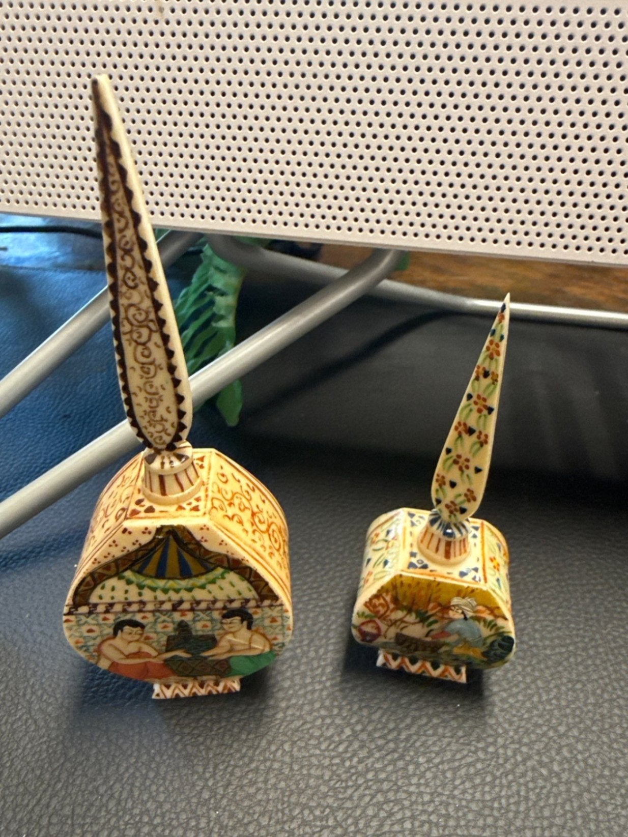 Pair Persian-Style Carved Bone-Look Kohl or Perfume Bottles with Ornate Enamel-Style Accents