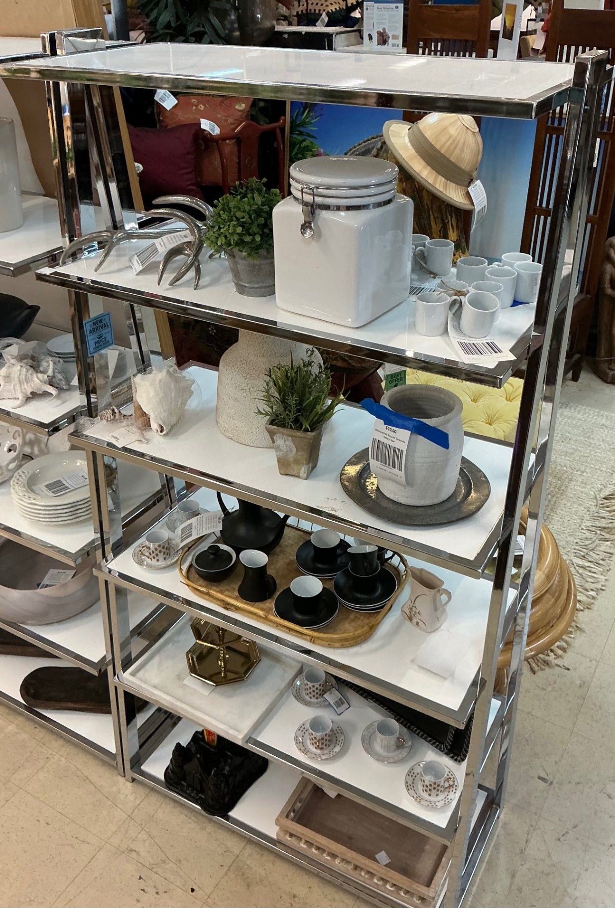  6 Tier Rectangular Display Shelf - Chrome & White Bookcase 36" x 16" x 72"