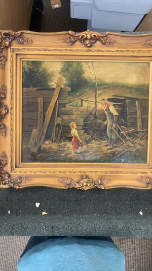 Vintage European Rustic Farmyard Scene Oil Painting of Children, Wagon Wheels & Chickens—Signed (27 x 23 in)