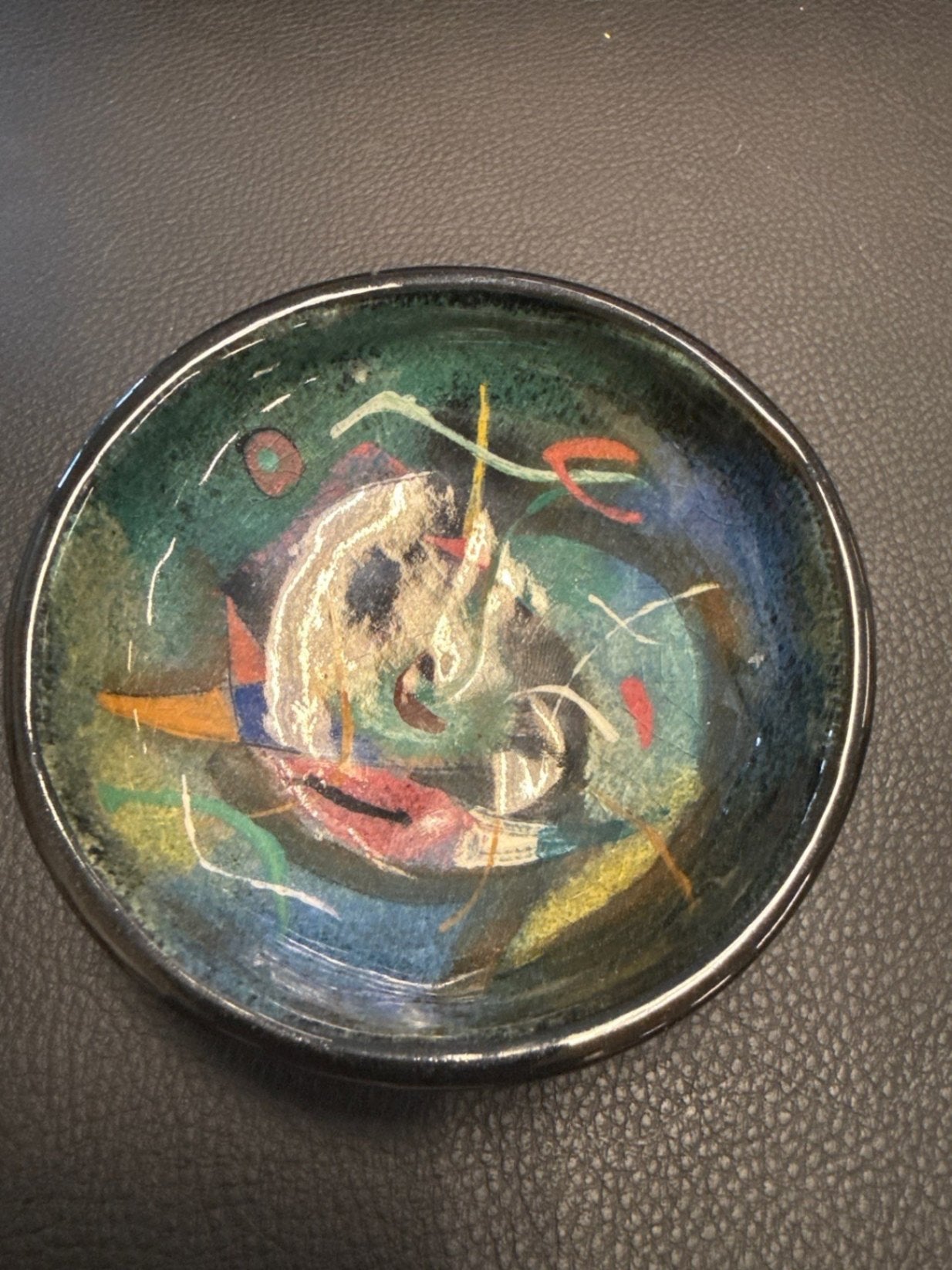 Polia Pillin Signed Abstract Glazed Studio Pottery Bowl with Dark Rim
