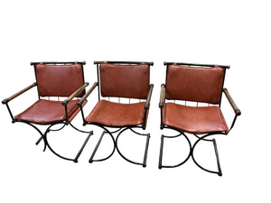 Mid-Century Continental Metal Furniture Iron, Wood & Leather Dining Set with Round Table & 3 Armchairs