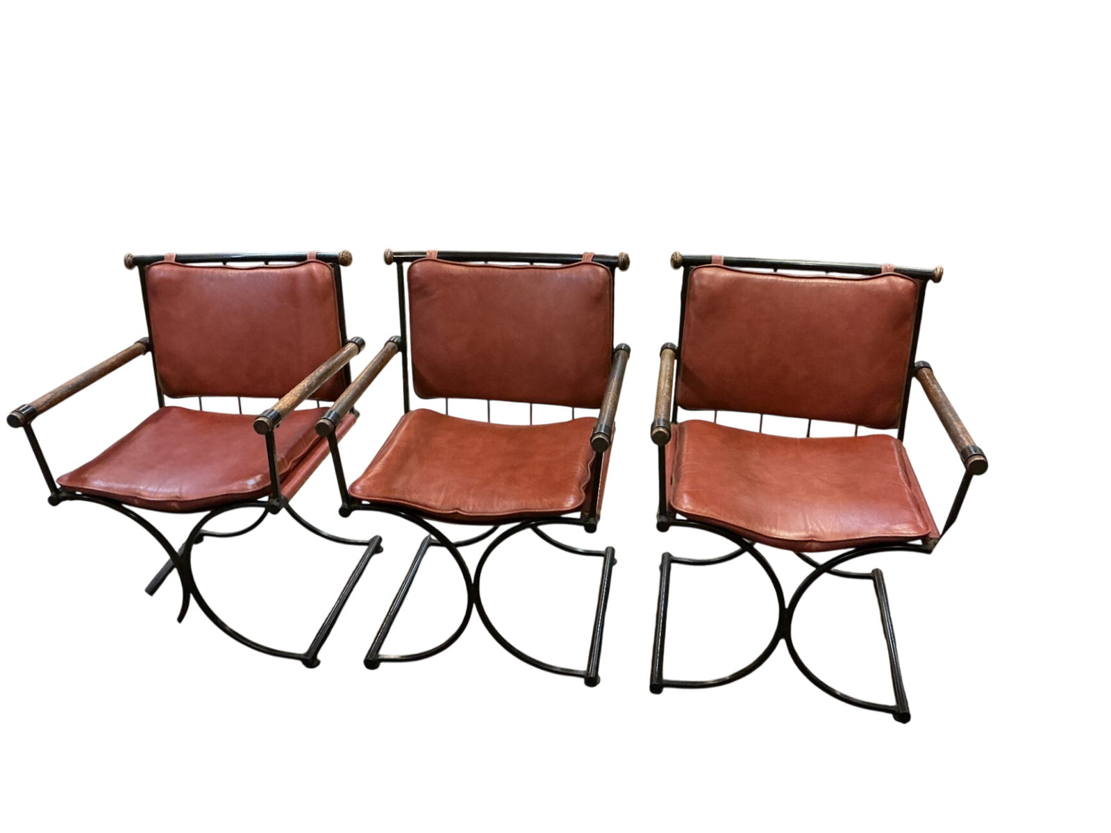 Mid-Century Continental Metal Furniture Iron, Wood & Leather Dining Set with Round Table & 3 Armchairs