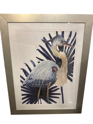 Framed Lithograph Wall Art Print of Great Blue Heron with Dark Tropical Palm Fronds, Wide Textured Silver Frame, Double-Matted Behind Glass