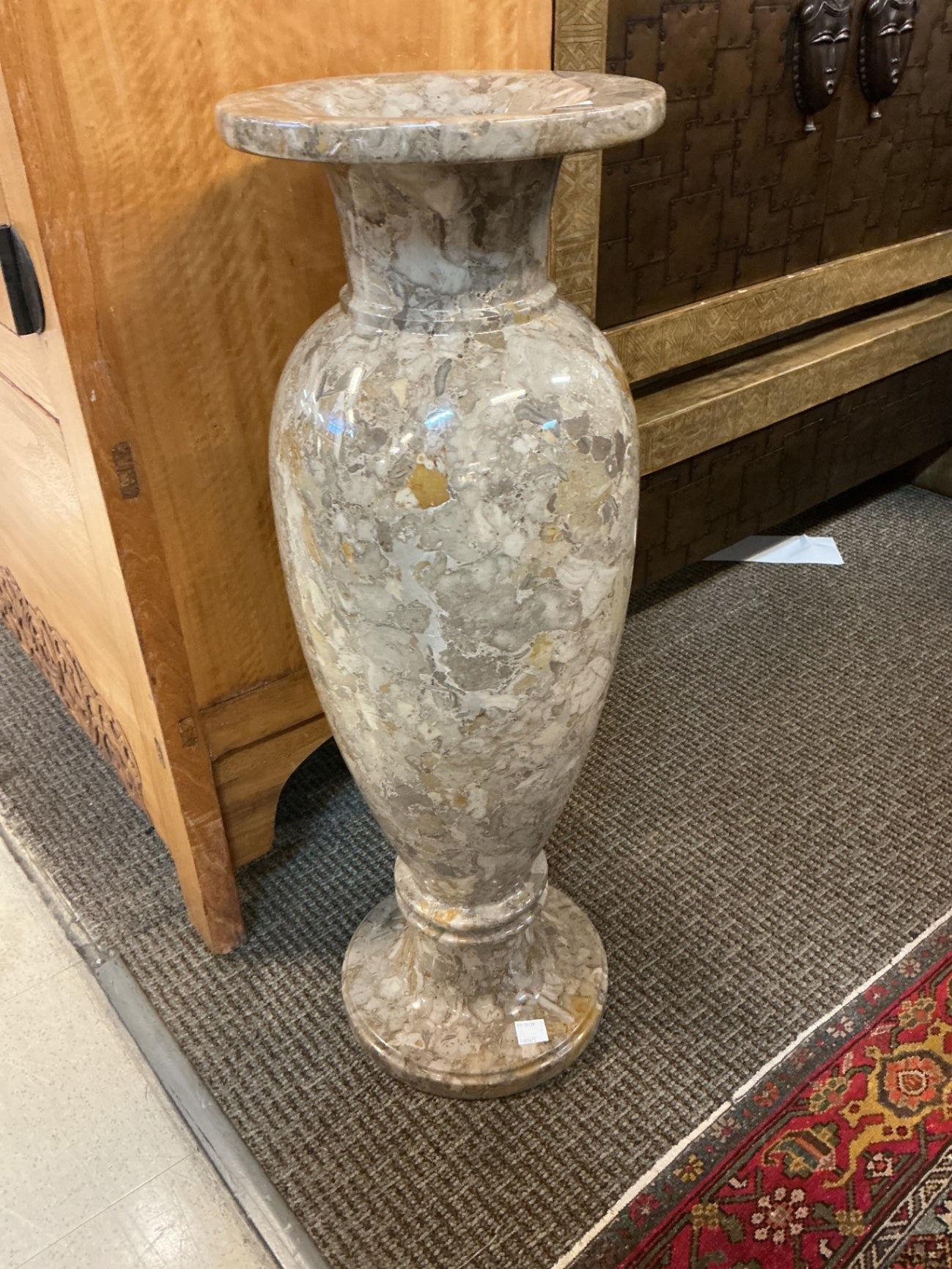 Monumental Polished Fossil Stone Floor Urn / Vase with Flared Rim – 48"