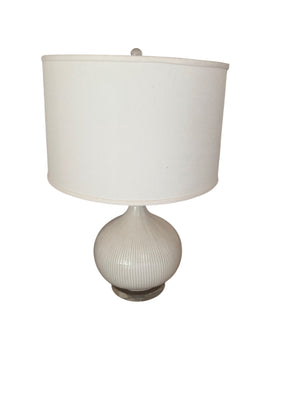 Ballard Designs Crema Ceramic Table Lamp with White Ribbed Ceramic Base, Clear Glass Foot, and White Drum Shade