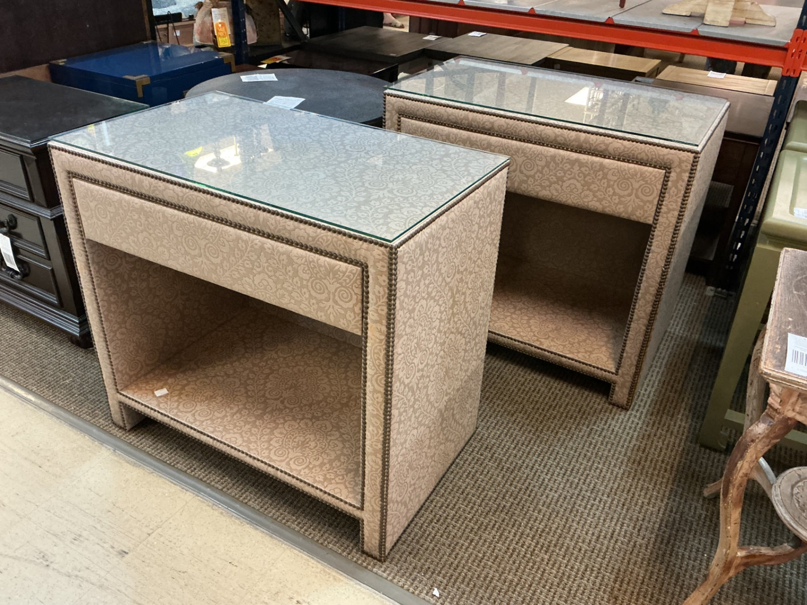 2 Designer Upholstered Nightstands with Glass Tops & Nailhead Trim (pair) 21" x 36" x 31" H