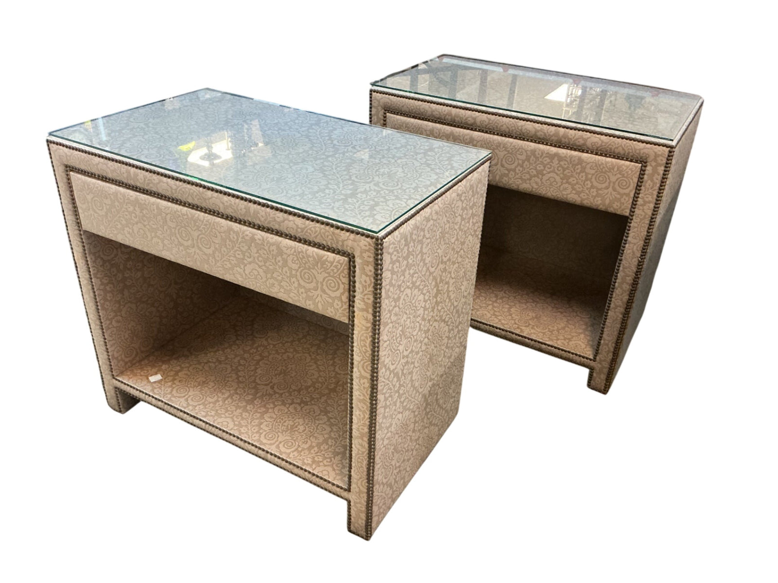 2 Designer Upholstered Nightstands with Glass Tops & Nailhead Trim (pair) 21" x 36" x 31" H