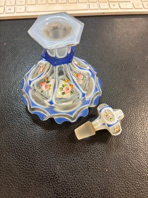 Vintage Blue & White Floral Hand Painted Perfume Bottle With Lid 5”