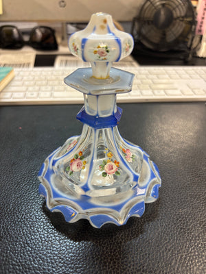 Vintage Blue & White Floral Hand Painted Perfume Bottle With Lid 5”