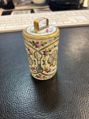 Vintage Hand Painted Floral Gold Rim Glass Bottle w/ Lid 2 1/2”