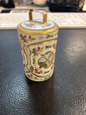 Vintage Hand Painted Floral Gold Rim Glass Bottle w/ Lid 2 1/2”